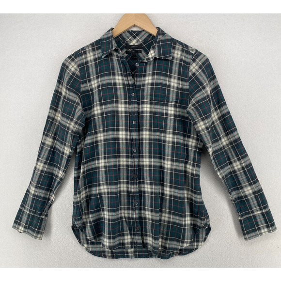 J.CREW Top Women 00 Boy Plaid Tartan Button Front Long Sleeve Cotton Voile Green - Picture 2 of 12